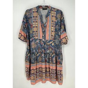 Kiwi Saint Tropez Boho Paisley Dress M Blue Coral Flowy Babydoll Festival Indie